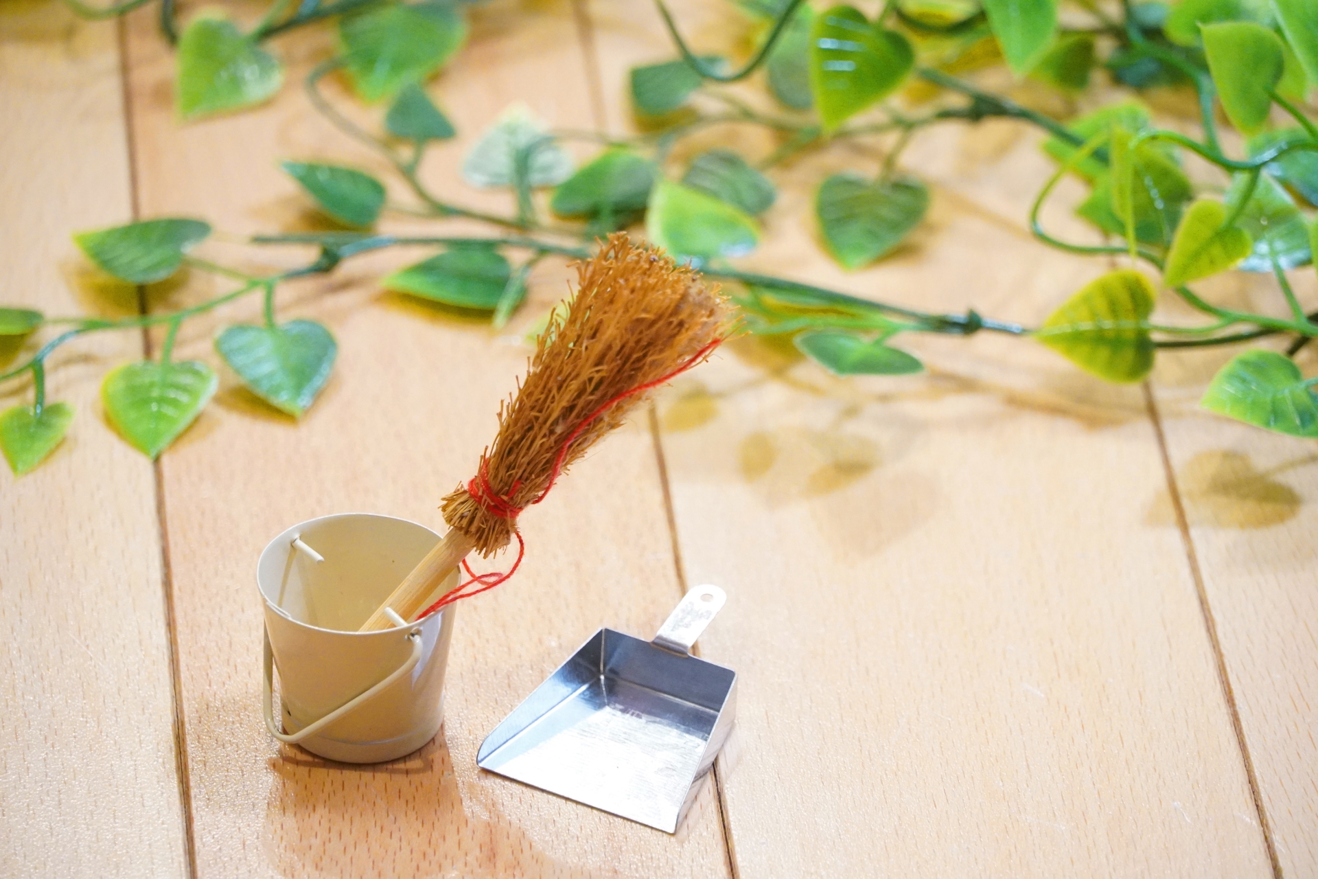 グリーンの葉を背景に、ほうきとちりとりが並ぶ写真。掃除で空間と運気を整えるイメージ