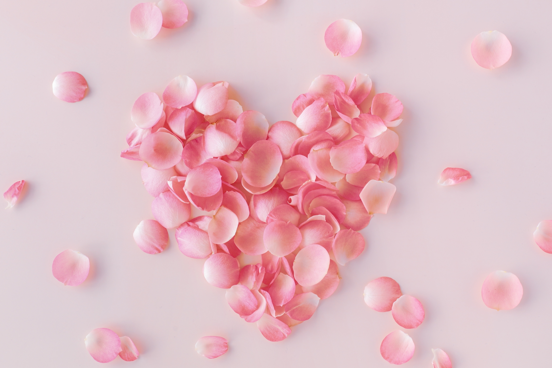 ピンクの花びらで形作られたハートの優しい恋愛イメージ