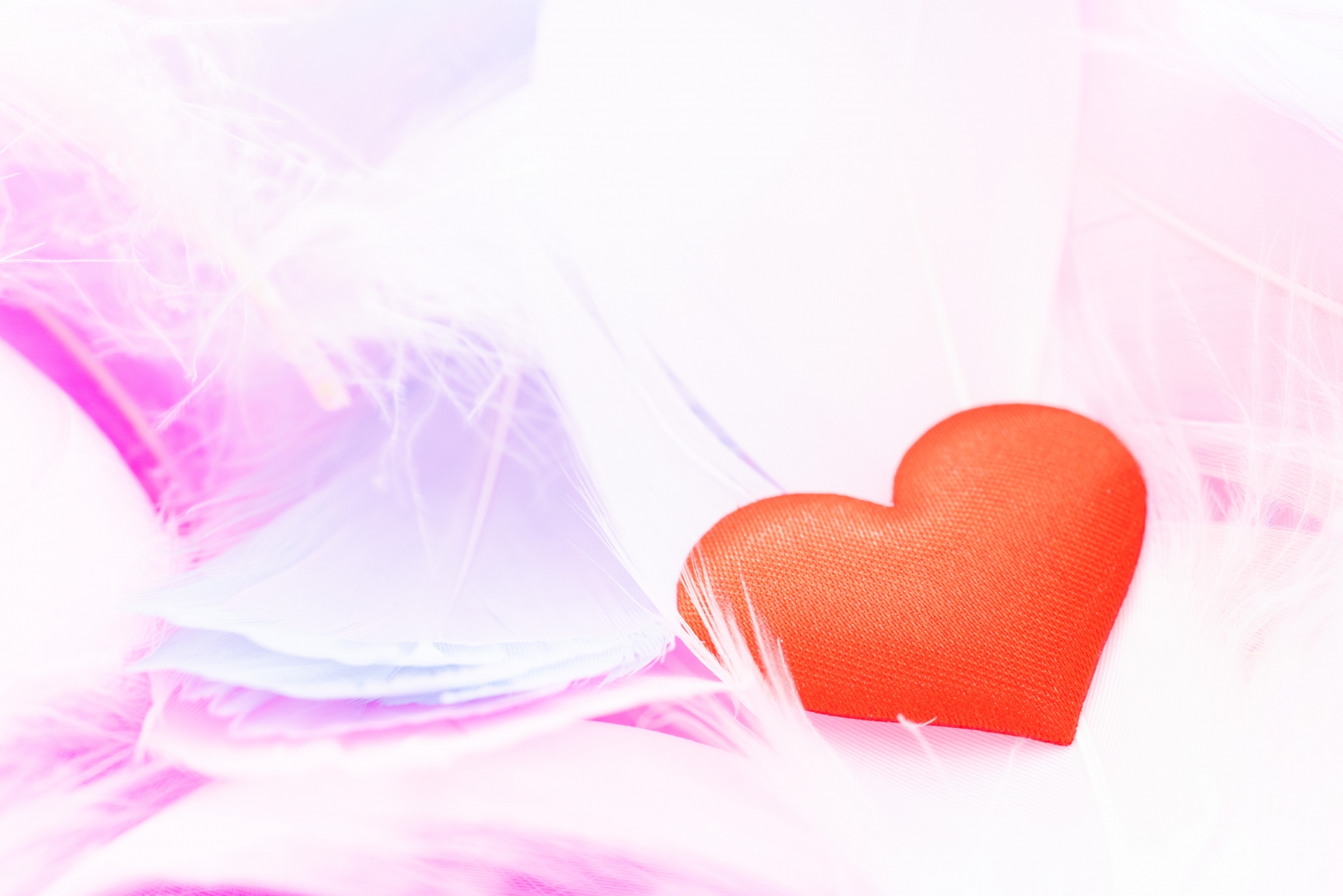 淡いピンクの光の中に赤いハートが置かれた、優しく静かな恋愛イメージ